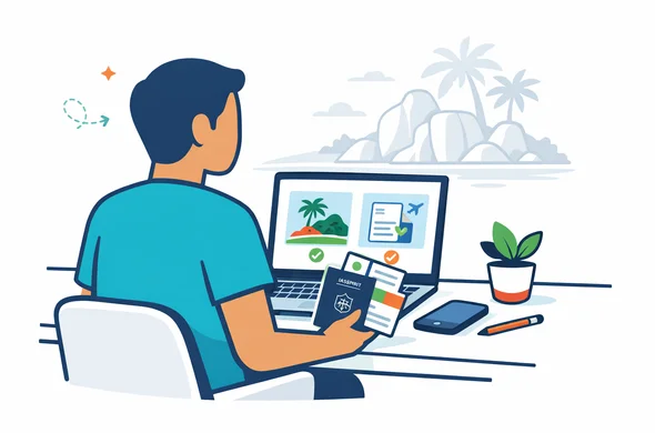 Flat or semi-flat vector illustration, clean lines, modern tech feel, 2D composition. An abstract Israeli traveler sitting at a tidy desk, comparing Seychelles entry options on a laptop, holding a passport and travel papers, calm organized atmosphere. Primary colors deep blue and turquoise, destination accent colors emerald green and soft coral inspired by Seychelles beaches and tropical nature. Faceless character, neutral skin tone, no distinct facial features. Minimal white and light grey background with a faint silhouette of Seychelles granite boulders, palm trees and island shoreline. Safe, efficient, travel-planning mood. No text, no watermark, no photorealism.