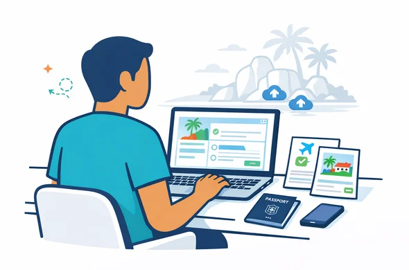 Flat or semi-flat vector illustration, modern tech style, clean 2D lines. An abstract traveler filling out a Seychelles travel authorisation form on a laptop, passport open on the desk, flight confirmation and accommodation document nearby, smartphone and upload icons visible, calm organized scene. Deep blue and turquoise as primary colors with emerald green and coral tropical accents. Faceless neutral character, minimalist white and soft grey background, faint outline of Seychelles palm beach and granite rock formations. Safe, efficient, trustworthy atmosphere. No text, no watermark, no photorealism.