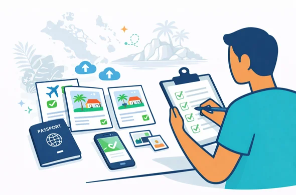 Flat or semi-flat vector illustration with clean lines and modern tech feel. An abstract travel support scene showing neatly arranged Seychelles entry documents: passport, phone with approval-style interface, flight confirmation, accommodation papers and image upload thumbnails. A faceless character checks documents calmly with a clipboard. Deep blue and turquoise palette with emerald green and warm coral accents inspired by Seychelles. Minimal white and grey background with faint island map outline, palm leaves and granite coast silhouette. Organized, safe, efficient atmosphere. No text, no watermark, no photorealism.
