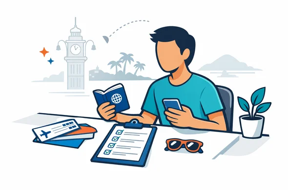 Flat vector illustration, modern 2D tech style, faceless abstract Israeli traveler sitting at a clean desk with passport, phone, flight papers and Seychelles travel authorization checklist, calm organized atmosphere, deep blue and turquoise primary palette with tropical emerald and coral accents inspired by Seychelles, minimalist white and light grey background with faint silhouette of Victoria Clocktower, palm shoreline and small island outline, neutral skin tones, clean lines, safe efficient feeling, no text, no watermark, no photorealism