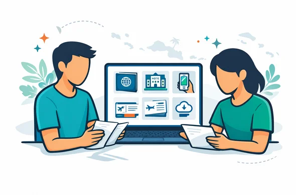 Semi-flat vector illustration, abstract faceless support workflow with passport page, hotel booking, flight details, smartphone scans and document upload icons on a laptop screen, two neutral abstract characters reviewing files together, deep blue and turquoise primary colors with emerald green tropical accents, minimalist white and light grey background with faint outline of Seychelles islands and palm leaves, calm organized secure atmosphere, clean lines, modern tech feel, no text, no watermark, no photorealism