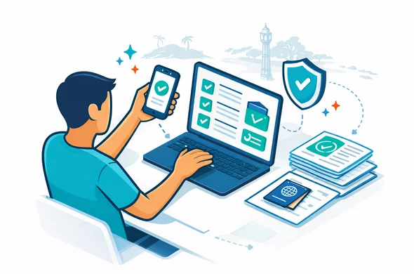 Flat isometric vector illustration, faceless abstract traveler progressing through online Seychelles travel authorization steps on laptop and smartphone, shield icon, check marks, organized document stack and calm support flow, deep blue and turquoise primary palette with sea green and coral tropical accents, minimalist white background with faint silhouette of Seychelles island shoreline and Victoria city landmark, clean lines, modern safe tech atmosphere, neutral skin tones, no text, no watermark, no photorealism