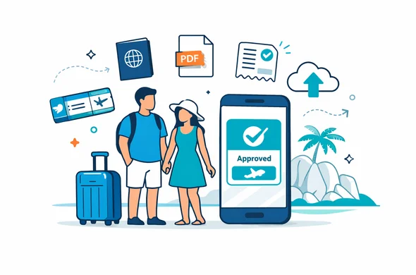 Flat or semi-flat vector illustration with clean lines and a modern tech feel, isometric composition. Faceless honeymoon couple holding hands next to a suitcase and a smartphone displaying a Travel Authorisation approved UI card. Around them, tidy floating document icons: passport, PDF file, payment receipt, boarding pass, and cloud backup. Primary palette deep blue and turquoise, with teal island and beach accents. Minimalist white and light grey background featuring a faint outline silhouette of Anse Source d’Argent granite boulders and a small palm tree from Seychelles. Calm, organized, efficient, secure atmosphere. No photorealism, no detailed faces.