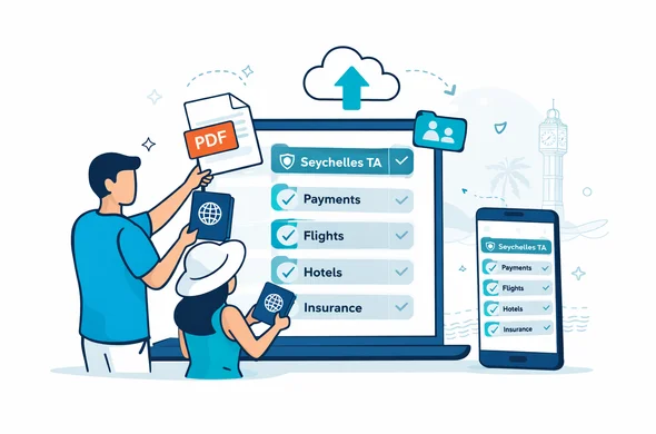 Semi-flat 2D vector illustration with clean lines and a modern tech UI. Two faceless abstract characters (a couple) organizing travel documents into a cloud storage folder system shown on a laptop and a phone. Folder labels as simple UI pills: Seychelles TA, Payments, Flights, Hotels, Insurance. Include a shared folder icon, a small lock or shield icon, and neat checkmarks to suggest completion. Primary palette deep blue and turquoise with teal beach accents. Minimal white and grey background with a faint outline silhouette of the Victoria Clock Tower in Seychelles and subtle wave line art. Calm, efficient, safe, not photorealistic.