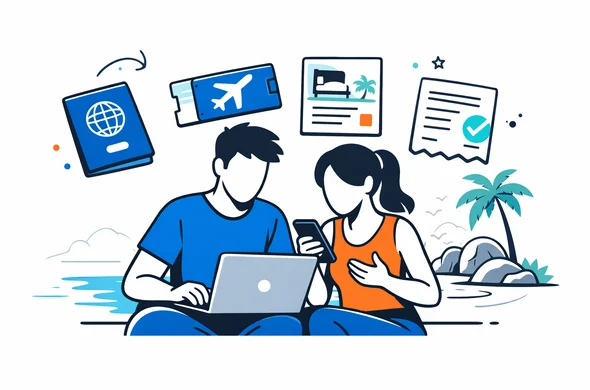 Semi flat vector illustration of a couple planning a honeymoon trip, sitting with a laptop and smartphone while organizing digital travel documents for Seychelles, including passport, flight ticket, hotel booking and payment receipt. Deep blue and turquoise primary colors with teal island accents, calm and organized atmosphere, minimal white background with a faint outline of Seychelles tropical beach and granite rocks, faceless abstract characters, modern clean style.