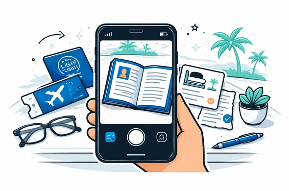 Flat vector illustration of a smartphone taking a clear photo of an open passport and travel booking documents on a clean desk, representing scanning documents for Seychelles travel authorization. Deep blue and turquoise base colors with teal island accents, calm and safe atmosphere, minimal white background with a faint outline of Seychelles islands and palm trees, faceless abstract style, modern tech feel.