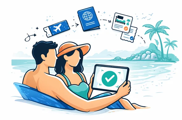Semi flat vector illustration of a relaxed honeymoon couple on a Seychelles beach holding a tablet that shows a digital approval check mark for their travel authorization, with small icons of passport, flight, hotel and payment documents floating around. Deep blue and turquoise with teal island accents, calm premium atmosphere, minimal white background with a faint silhouette of Seychelles coastline and palm trees, faceless abstract characters.