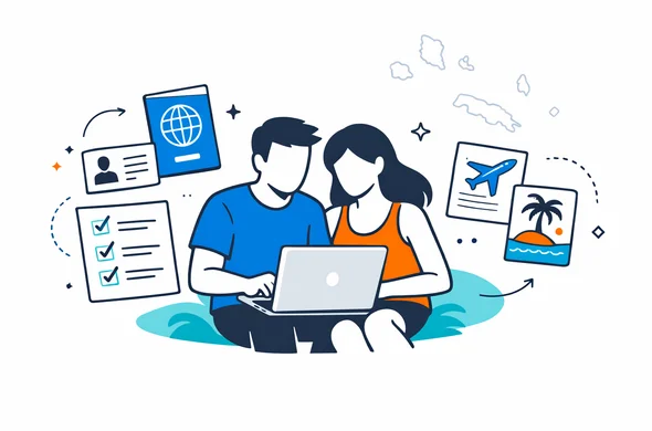 Flat vector illustration of a young couple sitting together with a laptop, calmly filling out an online Seychelles entry authorization form, digital documents and passport icons around them, deep blue and turquoise primary colors with teal island accents, minimalist white background with a faint outline of the Seychelles islands, modern clean tech style, no facial features, calm and organized atmosphere