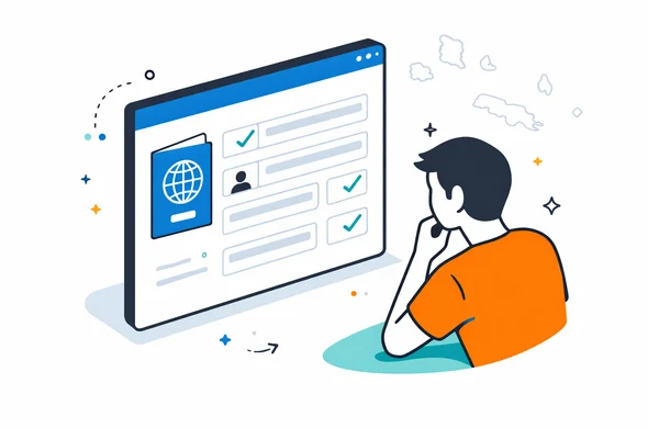 Isometric vector illustration of a digital form screen showing passport details being filled for a Seychelles entry authorization, abstract faceless character reviewing the fields carefully, deep blue and turquoise interface with teal highlights, minimalist white background with faint Seychelles island silhouette, modern UI style, organized and precise atmosphere