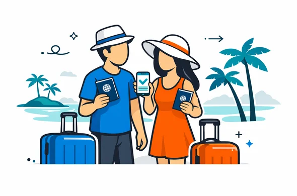 Flat semi-flat vector illustration of a honeymoon couple standing with suitcases, holding passports and a digital travel authorization on a smartphone, calm ocean and palm trees in the background, deep blue and turquoise Aid-Air brand colors with teal island accents, minimalist white and light grey background with faint Seychelles island silhouette, faceless characters, clean lines, modern tech style, safe and organized atmosphere, 2D isometric composition