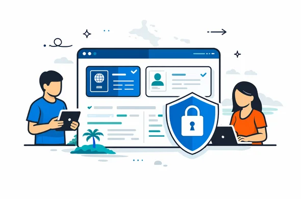 Flat vector illustration of a secure digital dashboard showing travel documents, a shield icon, and a lock symbol, representing secure processing of Seychelles travel authorizations, deep blue and turquoise Aid-Air colors with teal island accent, minimalist white and light grey background with faint outline of Seychelles islands, faceless abstract characters monitoring the system, clean modern tech interface, calm safe atmosphere