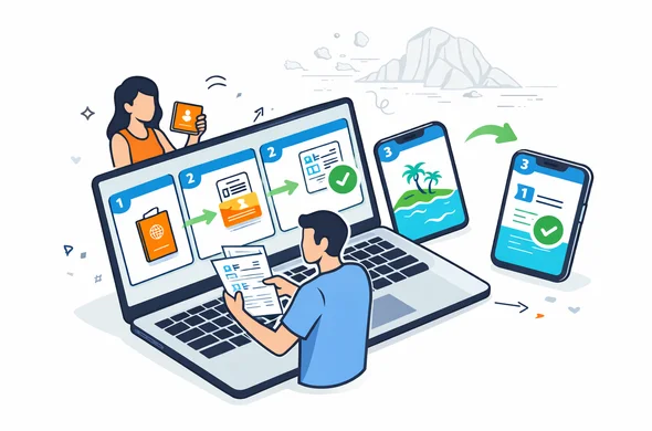 Isometric flat vector illustration showing a three-step digital process for obtaining a Seychelles travel authorization, numbered panels on a laptop and smartphone screens, deep blue and turquoise interface with teal accents, abstract faceless characters uploading passport and hotel documents, calm, efficient atmosphere, minimalist white and gray background with a faint outline of Seychelles coastline and granite rocks, modern tech style, clean lines, not photorealistic