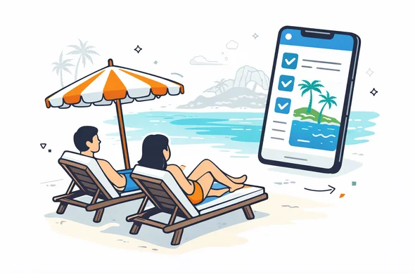 Flat 2D vector illustration of a faceless couple relaxing on sun loungers under a beach umbrella, looking at the ocean in Seychelles, while a large floating smartphone UI in the background shows a completed Seychelles travel authorization checklist, deep blue and turquoise with teal island accents, calm and luxurious atmosphere, minimalist white and light gray background with a faint outline of palm trees and granite rocks, modern clean lines, not photorealistic