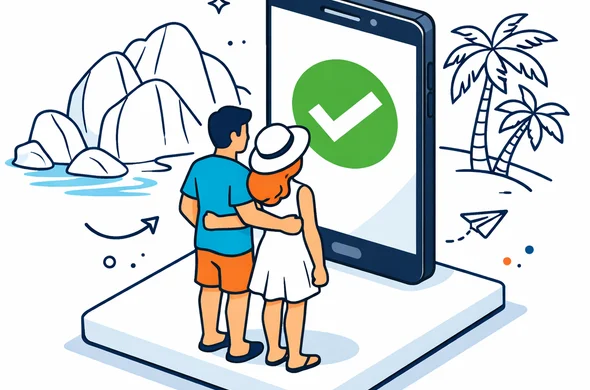 Flat vector illustration, isometric view. A relaxed couple (faceless) standing on a white digital platform, looking at a smartphone screen displaying a green Approved checkmark. Background: Minimalist outline of Seychelles granite boulders and palm trees. Colors: Deep blue, turquoise, and soft teal/sand accents. Atmosphere: Romantic, stress-free, tech-enabled.