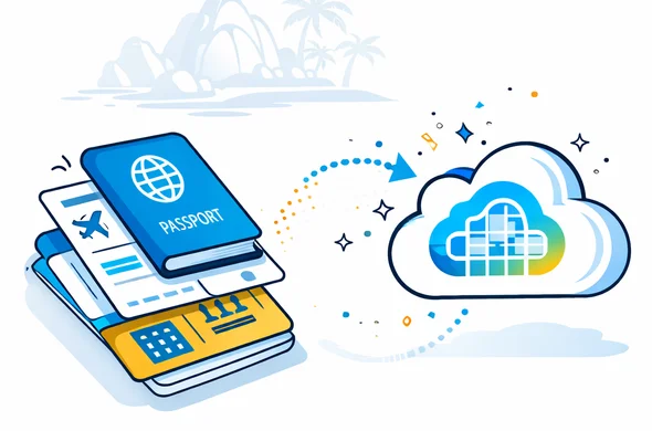 Semi-flat 2D vector illustration. A neat stack of travel documents (passport, flight ticket, hotel voucher) transforming into a digital cloud icon. Detailed but clean lines. Background: Subtle grey silhouette of a tropical island. Colors: Aid-Air blue, turquoise, and warm sandy yellow highlights. Atmosphere: Organized, efficient, magical.