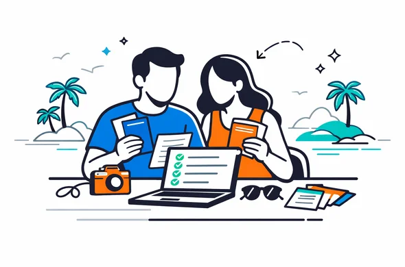 Flat or semi-flat vector illustration of a faceless couple planning a honeymoon trip to Seychelles at a modern desk, holding passports and travel documents, laptop with a checklist interface, calm and organized atmosphere, deep blue and turquoise primary colors with teal island accents, minimalist white background with a faint outline of Seychelles islands and palm trees, clean lines, 2D or isometric modern tech style