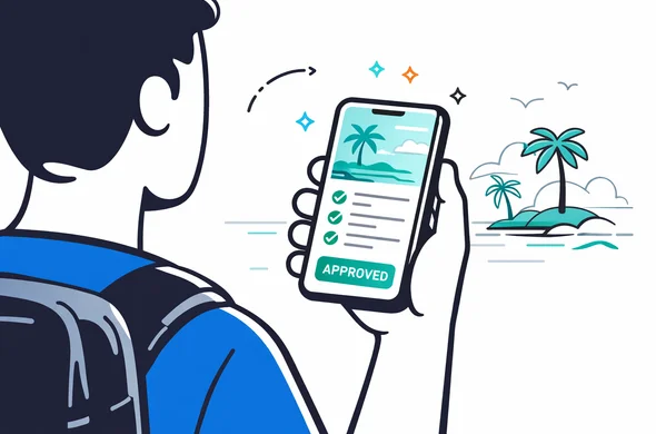 Flat vector illustration of a faceless traveler holding a smartphone that displays a digital travel authorisation for Seychelles, interface with checkmarks and approved status, deep blue and turquoise primary colors with teal accents, minimalist white background with faint silhouette of a Seychelles palm tree coastline, clean 2D modern tech style, calm and efficient atmosphere