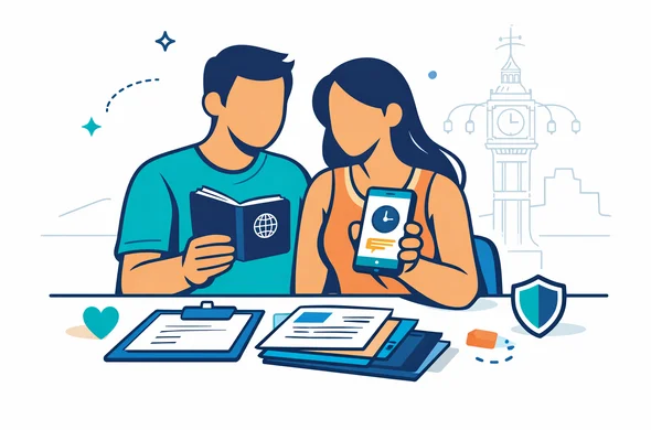 Flat or semi-flat vector illustration with clean lines, modern tech feel, calm premium mood. Honeymoon couple (abstract faceless characters, neutral skin tones) sitting at a minimalist desk, holding a passport and a phone showing a travel authorization status screen labeled as pending using simple iconography (no readable text). Neatly arranged documents, a small heart icon, and a subtle shield icon for safety and peace of mind. Minimalist white and light grey background with a faint outline silhouette of the Victoria Clock Tower in Mahé, Seychelles. Primary palette deep blue and turquoise (Aid-Air brand), accent color seafoam teal and soft sand tones to match island vibe. Soft shadows, balanced composition, no photorealism, no detailed faces, no logos, high resolution.