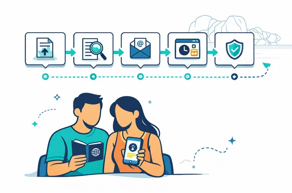 Clean modern flat vector, slight isometric perspective, organized workflow style. A step-by-step checklist flow for resolving a delayed Seychelles travel authorization: icons for submission, document scan, email inbox, status tracking, support chat, and final approval checkmark. Two abstract faceless characters calmly reviewing a phone and holding a passport, with floating UI cards and progress steps (no readable text). Minimal white and light grey background with a faint outline silhouette of Anse Source d’Argent granite boulders, Seychelles. Primary colors deep blue and turquoise, accent seafoam teal, calm and efficient atmosphere, clean lines, no photorealism, no logos.