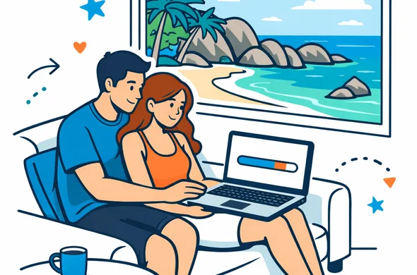 Flat vector illustration, isometric view. A relaxed couple sitting on a sofa looking at a laptop screen showing a progress bar. Background: A large window overlooking a tropical Seychelles beach with granite rocks. Colors: Aid-Air deep blue, turquoise, and soft teal. Atmosphere: Calm, romantic, anticipation, tech-savvy.