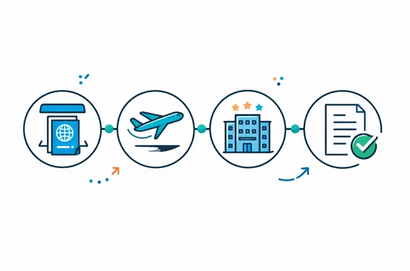 Flat vector illustration, 2D infographic style. A horizontal timeline showing 4 icons: 1. Passport scan, 2. Airplane taking off, 3. Hotel building, 4. A document with a green checkmark. Background: Clean white/grey. Colors: Aid-Air blue and vibrant Seychelles turquoise accents. Atmosphere: Organized, efficient, progressive.