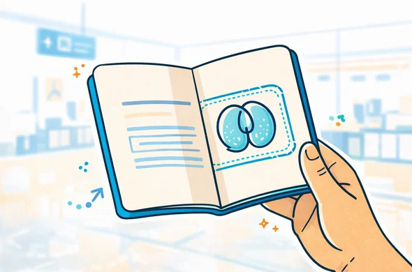 Flat vector illustration, close-up. A hand holding an open passport displaying a stylized digital entry stamp of a Coco de Mer nut (Seychelles symbol). Background: Soft focus airport arrival hall. Colors: Aid-Air blue, turquoise, and sandy beige. Atmosphere: Success, arrival, happiness.