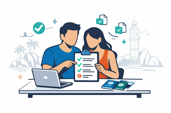 Flat modern vector illustration, calm honeymoon couple (faceless, neutral skin tones) sitting at a minimalist desk with a laptop and passports, checking a checklist of travel authorization documents. Deep blue and turquoise primary palette (Aid-Air brand), with teal island accent color. Clean lines, semi-flat 2D style, subtle tech UI elements floating (checkmarks, file icons). Background: light grey/white with a faint outline silhouette of Seychelles landmark (Victoria Clock Tower or granite rocks of Anse Source d’Argent). Atmosphere: organized, safe, romantic and relaxed.