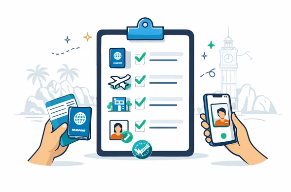 Semi-flat vector illustration of a clean checklist board with icons: passport, flight ticket, hotel booking, selfie/photo, and a confirmation stamp. Deep blue & turquoise primary palette with teal accent. Abstract faceless hands holding a phone and documents. Minimalist white/grey background with faint Seychelles silhouette (palm + Victoria Clock Tower outline). Calm organized tech feel, isometric 2D elements, clear checkmarks, no photorealism.