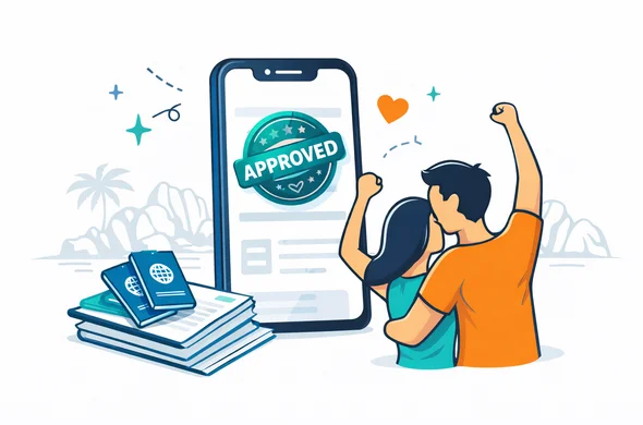Flat vector illustration of a digital travel authorization approval screen on a smartphone with a large approved stamp, alongside passports and neatly stacked documents. Deep blue and turquoise primary palette with teal island accents. Abstract faceless characters celebrating calmly (no facial features), subtle romantic vibe (small heart icon) but professional and organized. Minimalist background with faint Seychelles landmark silhouette (Anse Source d’Argent rocks outline). Clean lines, modern tech feel, not photorealistic.