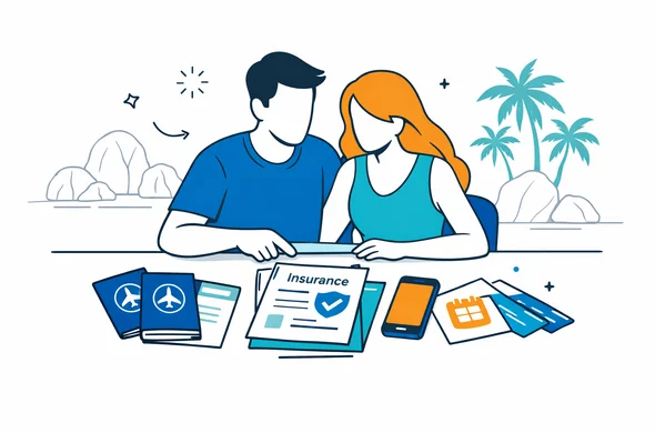 Flat semi-flat vector illustration of an abstract faceless couple planning a honeymoon trip to Seychelles at a desk with passports travel insurance documents and a smartphone, deep blue and turquoise color palette with teal island accents, calm organized atmosphere, minimalist white background with faint outline of Seychelles granite boulders and palm trees in the distance
