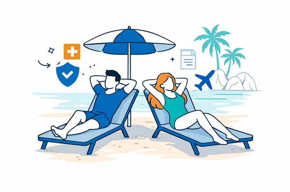 Semi-flat vector illustration of an abstract faceless couple relaxing on a tropical Seychelles beach on sun loungers, surrounded by floating icons of a travel insurance shield medical cross document and airplane, deep blue and turquoise with teal island accents, calm safe and organized atmosphere, minimalist white background with faint outline of Seychelles granite rocks and palm trees behind them