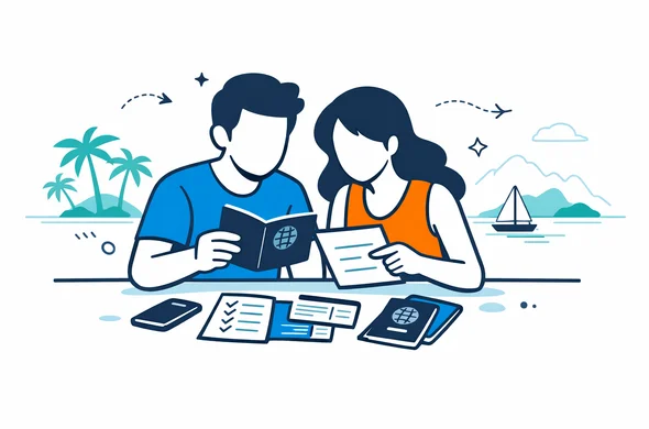 Flat vector illustration of a couple planning a honeymoon trip to Seychelles, abstract faceless characters reviewing passports and travel documents on a table, deep blue and turquoise colors with teal island accents, calm and organized atmosphere, minimal light background with faint outline of Seychelles tropical islands in the distance