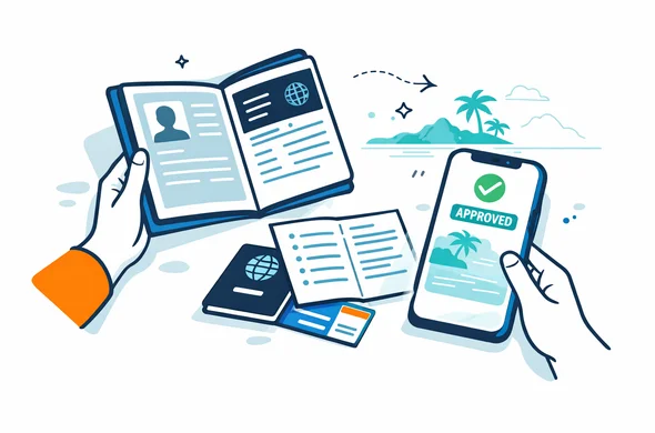 Semi flat vector illustration of a smartphone screen showing an approved Seychelles travel authorisation next to an open passport on a tidy desk, abstract faceless hands arranging documents, deep blue and turquoise colors with teal island accent, calm efficient travel preparation, minimal light background with subtle outline of a tropical island silhouette