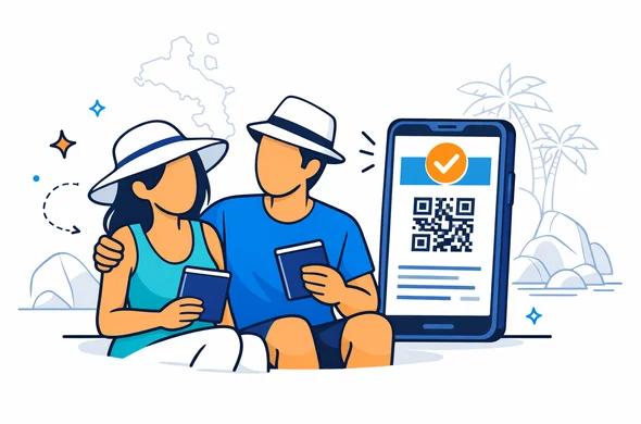 Flat/semi-flat vector illustration, clean lines, modern tech feel. A honeymoon couple (faceless, neutral skin tones) sitting calmly with passports and a smartphone showing a digital travel authorization PDF. Deep blue and turquoise primary palette (Aid-Air brand), accent teal for island/beach destination. Minimal white/grey background with a faint silhouette outline of Seychelles islands map and subtle palm/granite boulder shapes. Organized, safe, efficient atmosphere, 2D with slight isometric elements, no photorealism.