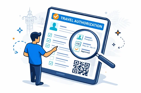 Flat vector illustration, modern tech vibe, isometric 2D. A large digital document labeled Travel Authorization on a tablet, with a magnifying glass highlighting fields: name, passport number, dates, status, QR code. Deep blue and turquoise palette with teal island accent. Minimal white/grey background with faint outline of Victoria Seychelles clocktower and soft palm leaf silhouette. Faceless abstract helper character pointing calmly at checklist items. Clean lines, organized, safe, no photorealism.