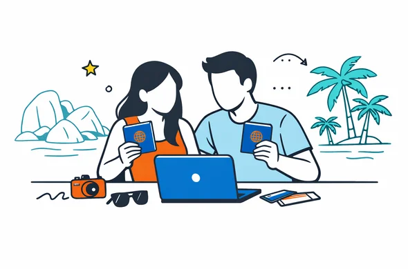Flat vector illustration of a faceless couple planning a honeymoon trip to Seychelles at a desk, holding passports and looking at a laptop, deep blue and turquoise colors with teal island accents, minimalist white background with faint outline of Seychelles granite boulders and palm trees, modern clean lines, calm organized travel mood