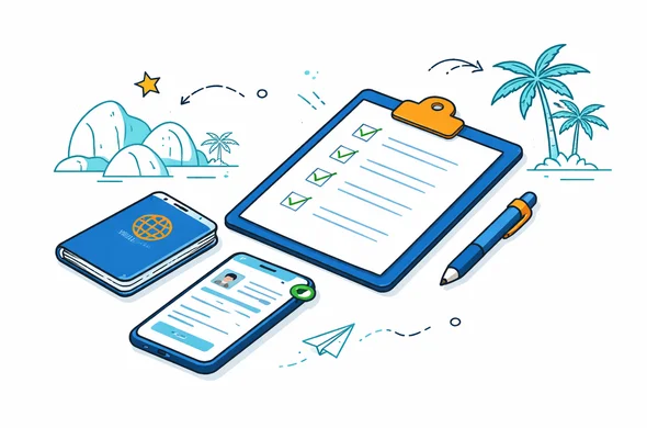 Isometric flat vector illustration of a checklist clipboard beside a passport and smartphone on a clean desk, deep blue and turquoise main colors with teal island accents, minimalist white background with faint outline of Seychelles granite rocks and palm trees, modern tech style, calm and organized atmosphere