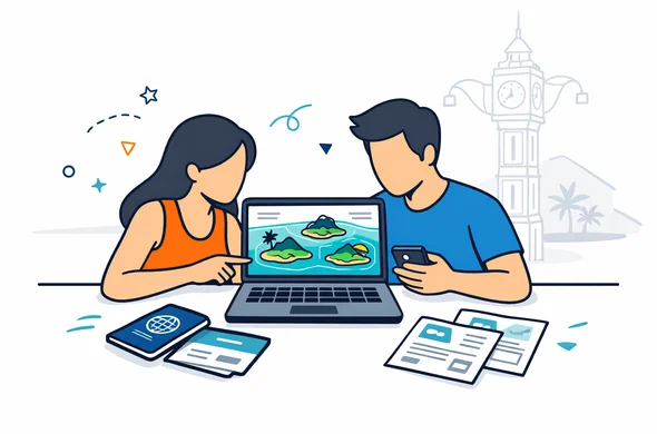 Flat vector illustration, isometric style, deep blue and turquoise palette with teal island accent, calm honeymoon couple as faceless abstract characters sitting at a clean desk, filling an online Seychelles travel authorisation form on a laptop and smartphone, passport and hotel booking confirmation papers neatly arranged, small icons of Mahe Praslin La Digue on screen, minimalist white grey background with faint outline of Victoria Clocktower Seychelles silhouette, clean lines, modern tech feel, organized and safe atmosphere, no photorealism
