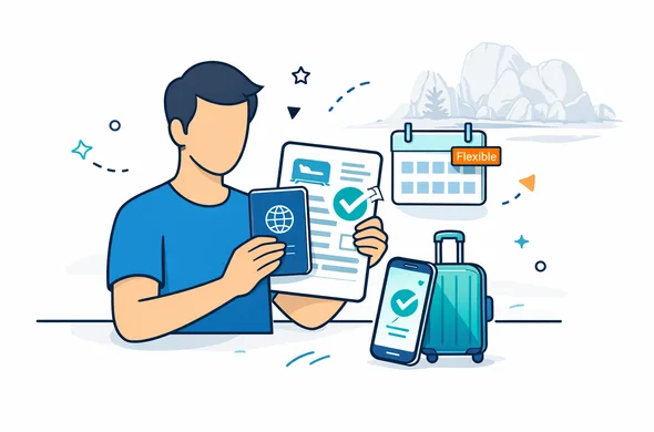 Semi-flat 2D vector illustration, deep blue and turquoise palette with teal accent, abstract faceless traveler holding a passport and a hotel booking confirmation document with a large checkmark, nearby calendar icon showing flexible cancellation and a small suitcase, smartphone displaying a confirmation screen, minimalist white grey background with faint outline of Anse Source dArgent granite boulders silhouette, clean lines, modern tech style, calm organized safe atmosphere, no photorealism