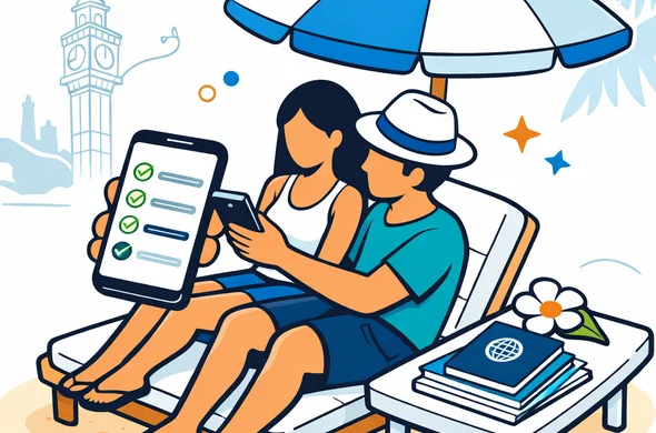 Flat semi-flat vector illustration with clean lines, modern tech feel, calm organized mood. Isometric scene of a honeymoon couple, faceless abstract characters with neutral skin tones, sitting on a minimalist beach lounge chair under a small parasol, holding a smartphone displaying a simple application status tracker UI with progress steps and check icons. A passport and neatly stacked travel documents on a small side table with a tropical flower. Primary colors deep blue and turquoise (Aid-Air brand), with teal island accent and a subtle sandy beige highlight. Minimal white and light grey background with a faint outline silhouette of the Seychelles Victoria Clock Tower and a soft palm frond shape. Atmosphere: calm, safe, efficient, organized. Vector, not photorealistic, no readable text, high resolution.