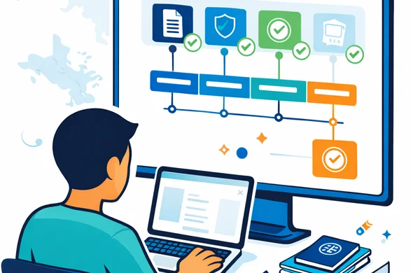 Flat vector isometric illustration of a clean status dashboard for a travel authorization request. Abstract faceless character with neutral skin tone sits at a laptop while reviewing a large screen with a progress timeline made of simple icon cards and colored blocks (no readable text). Include document icons, a shield icon for privacy, a clock icon for timing, and calm checkmark motifs. Primary colors deep blue and turquoise, with teal island accent. Minimal white and light grey background with a faint outline of Seychelles islands and the Victoria Clock Tower. Clean lines, modern tech UI style, calm organized atmosphere, safe and trustworthy. Vector, not photorealistic, high resolution.