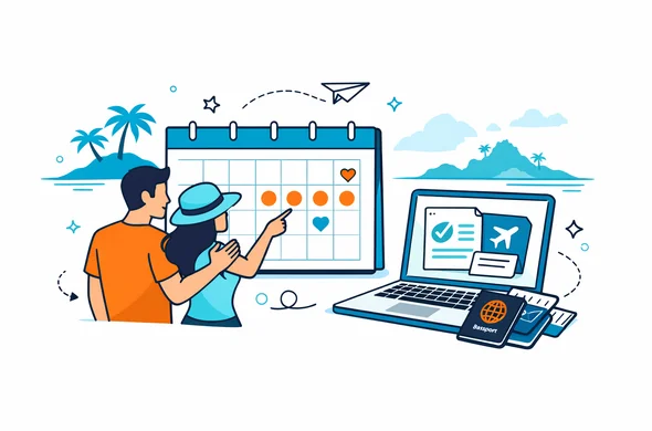 Flat vector illustration of a romantic couple planning a honeymoon trip timeline to Seychelles on a large calendar, with passports and digital documents on a laptop, deep blue and turquoise color palette with teal island accents, calm efficient atmosphere, minimalist background with faint silhouette of Seychelles islands coastline, modern isometric style, no facial features