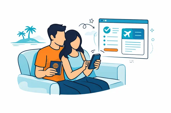Semi-flat vector illustration of abstract faceless couple sitting together on a couch, holding a smartphone and passport while submitting a Seychelles electronic travel authorization online, deep blue and turquoise user interface elements, teal highlights, calm organized vibe, minimalist background with outline of palm trees and Indian Ocean islands, modern 2D style, no facial features