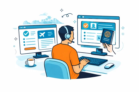Flat vector illustration of an abstract support agent reviewing travel documents for a Seychelles entry permit on multiple screens, deep blue and turquoise interface, teal accents, organized workspace, calm trustworthy mood, minimalist background with faint silhouette of a tropical beach and granite rocks from Seychelles, modern isometric style, faceless characters