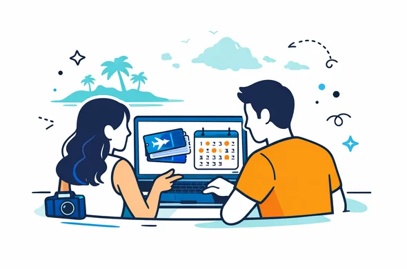 Flat vector illustration of a couple planning a honeymoon trip to Seychelles on a laptop, with flight tickets and a calendar on the screen, calm modern design, deep blue and turquoise primary colors with soft teal island accents, faceless abstract characters, minimalist background with a faint silhouette of Seychelles islands, clean and organized, 2D style