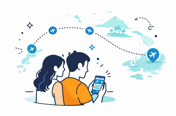 Semi-flat vector illustration of a stylized flight route to Seychelles with connecting flights, small airplane icons and dotted lines between hubs, calm and organized layout, deep blue and turquoise primary colors with teal island highlights, faceless abstract characters checking tickets on a phone, minimalist background with a faint outline of Seychelles islands, 2D modern style