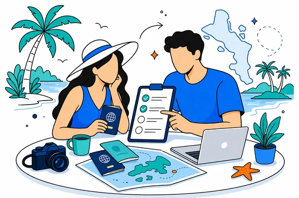 Flat semi flat vector illustration, modern tech style, faceless couple planning a romantic trip to Seychelles at a table with passports, digital travel checklist and laptop, calm and organized atmosphere, primary colors deep blue and turquoise with teal island accents, minimalist white background with faint outline of Seychelles islands and palm trees, clean lines, 2D illustration
