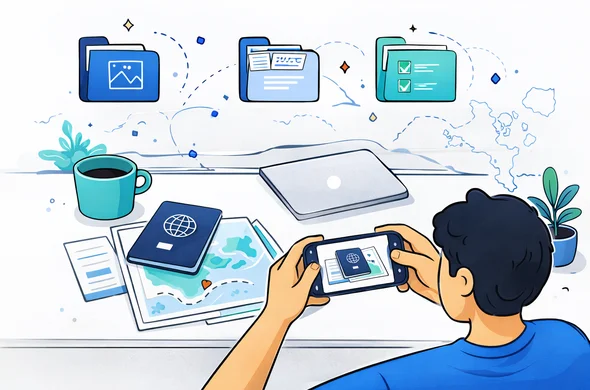 Flat vector illustration, modern tech interface, faceless character using a smartphone to photograph a passport and travel documents on a clean desk, organized digital folder icons, primary colors deep blue and turquoise with teal accents, minimalist white grey background with faint outline of Seychelles islands, calm and efficient mood, 2D clean lines