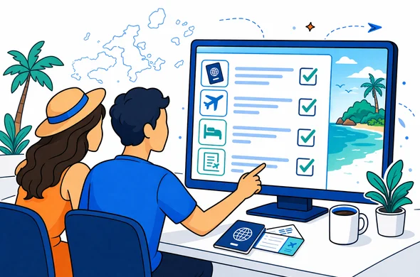 Semi flat vector illustration of a faceless couple sitting together in front of a large computer screen showing a digital checklist for Seychelles entry permit, calm organized interface, primary colors deep blue and turquoise with teal tropical accents, minimalist white background with faint outline of Seychelles islands, modern tech feel, 2D clean lines