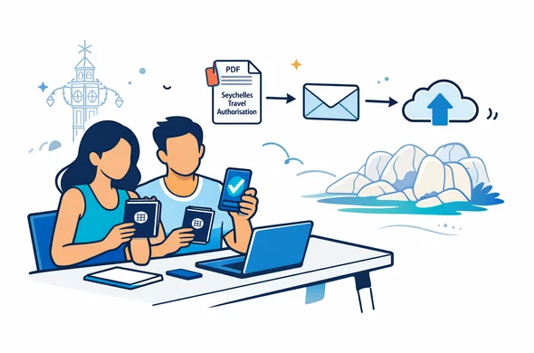 Flat or semi-flat vector illustration, clean lines, modern tech feel, calm luxurious romantic mood. Isometric scene: a honeymoon couple (faceless abstract characters, neutral skin tones) planning a trip at a minimalist desk. They hold passports and a smartphone showing a "Travel Authorisation approved" check icon; a PDF document icon labeled "Seychelles Travel Authorisation" sits beside an email envelope icon and a cloud backup icon, connected by simple arrows (roadmap). Primary palette deep blue and turquoise (Aid-Air brand), with Seychelles island accent colors: teal + soft sand. Minimal white/grey background with faint outline silhouettes of Seychelles: Victoria Clock Tower and the granite boulders of Anse Source d’Argent, very subtle. Atmosphere: organized, safe, efficient, stress-free. No photorealism, no detailed faces, no real logos, no busy text, vector shading only.